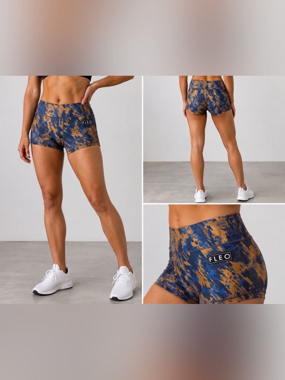 FLEO Booty Shorts Small Blue Tan Abstract Camo CrossFit Gym Training